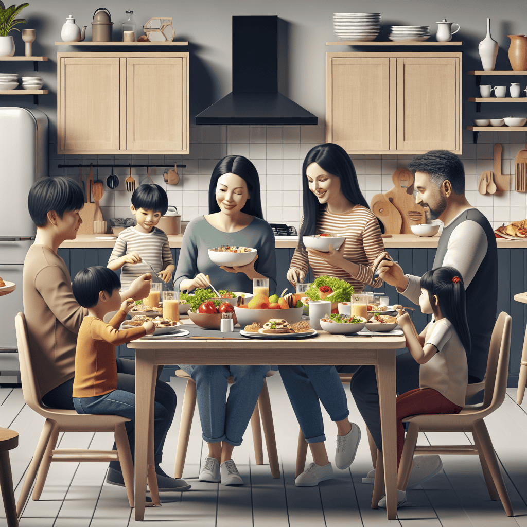 תמונה של מטבח ביתי מודרני עם משפחה המתרכזת סביב הארוחה המוצגת בצורה אסתטית ובעלת ערכים תזונתיים מאוזנים.