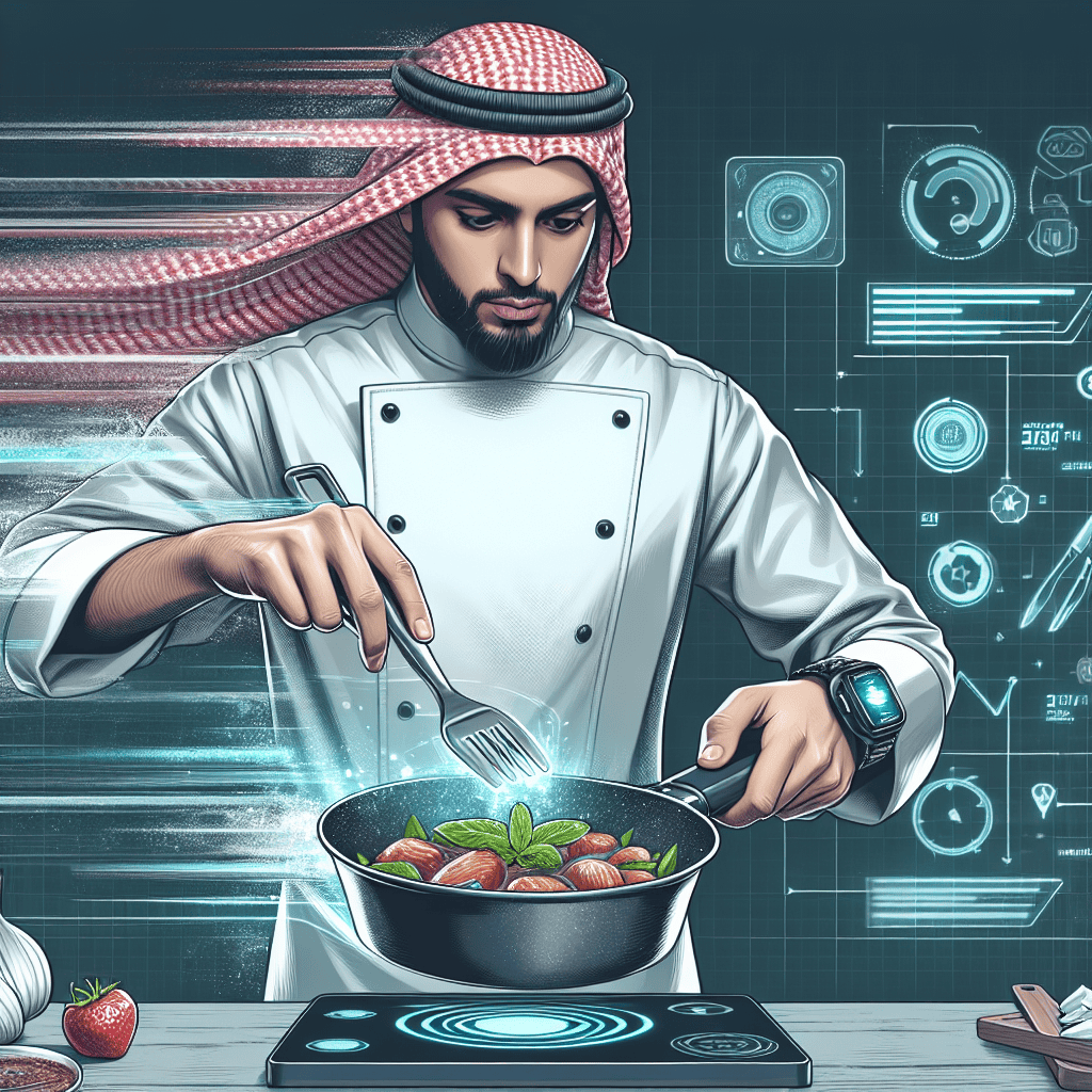 צילום של שף בזמן הכנה מהירה של מנה בריאה על ידי שימוש בכלי מטבח חדשניים.