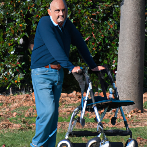 קשיש מטייל בשמחה בפארק עם הרולטור שלו