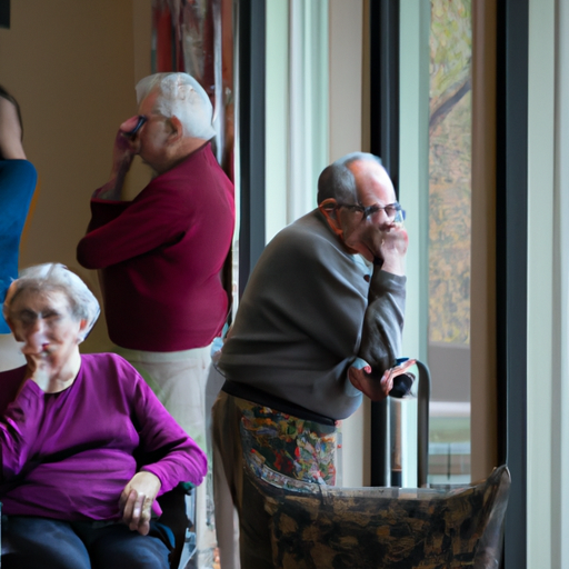 קבוצה של קשישים בבית אבות, עם מעטים שנראים אומללים או במצוקה בעליל, המייצגים את הזנחת בריאות הנפש בטיפול בקשיש